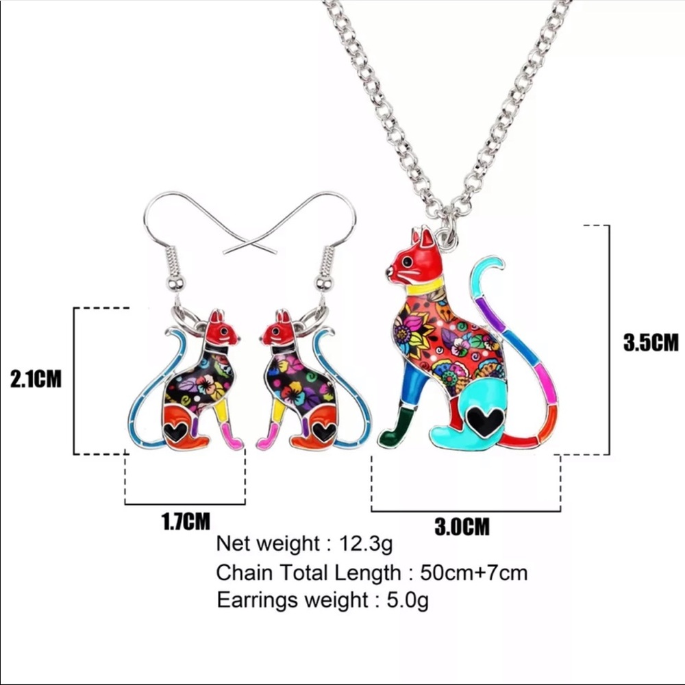 Enamel Cat Earrings Necklace Set - Picture 5 of 6